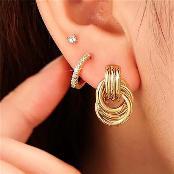 3-Pair Gold Hoop Earrings Set | 14K Gold Plated Sterling Silver | Hypoallergenic - Picture 1 of 5
